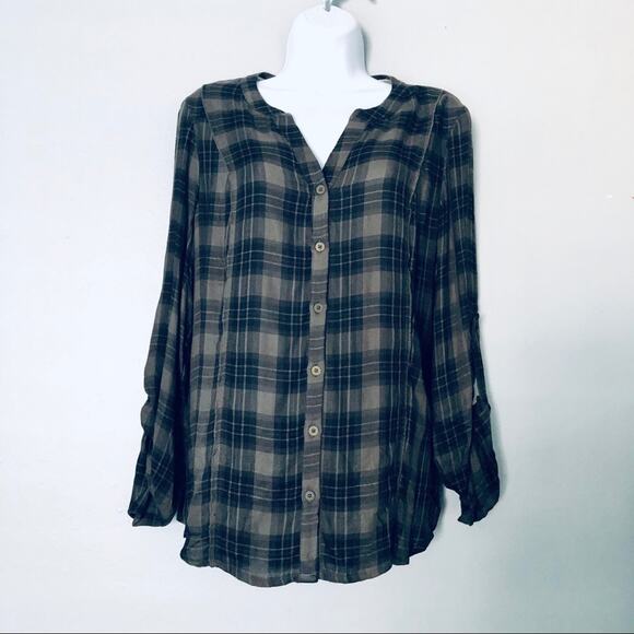 Knox Rose Women's M Button Down Plaid Lace Back Top Green Fall Boho - Picture 6 of 8